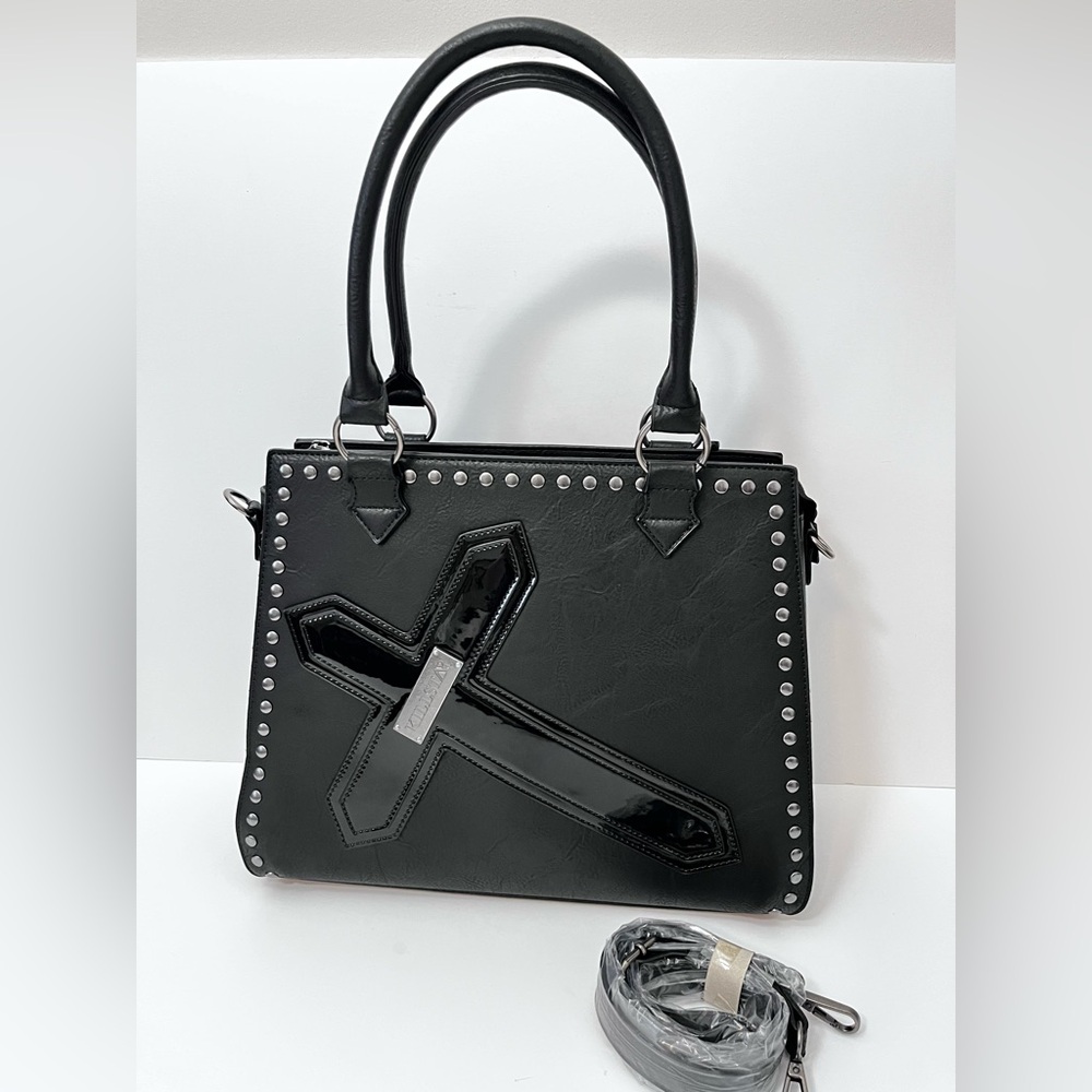 Killstar Exorcist Black Faux Leather Satchel Crossbody Handbag Studs Cross Goth - Picture 5 of 12